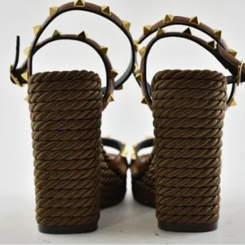 Valentino Brown Leather Rope Wedge Sandals with Gold Studs - Picture 5 of 6